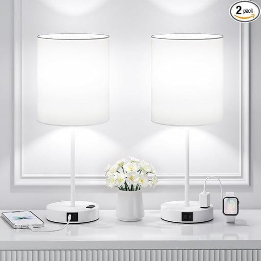 17.6" White Touch Lamps for Bedroom Set of 2 - Dimmable, USB C+A, AC Outlet | Large 17.6" Tall Lamp, 3-Way Dimming, 5000K Daylight Bulbs, White Lampshade White Base, for Living Room, Boys, Men, Girls