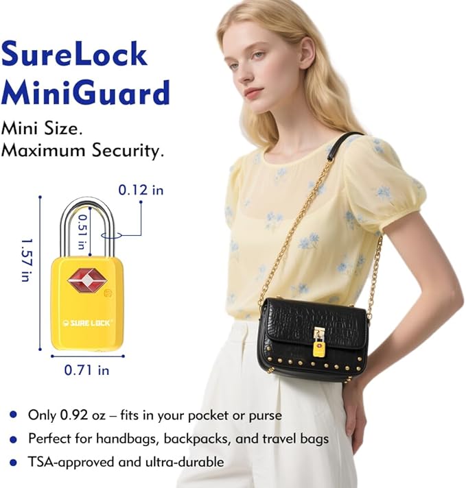SURE LOCK Mini TSA Approved Keyed Luggage Lock – One Key Opens All, Fits Tight Zipper Gaps & Small Pull Holes, Compact Travel Lock for Suitcases, Backpacks & Handbags