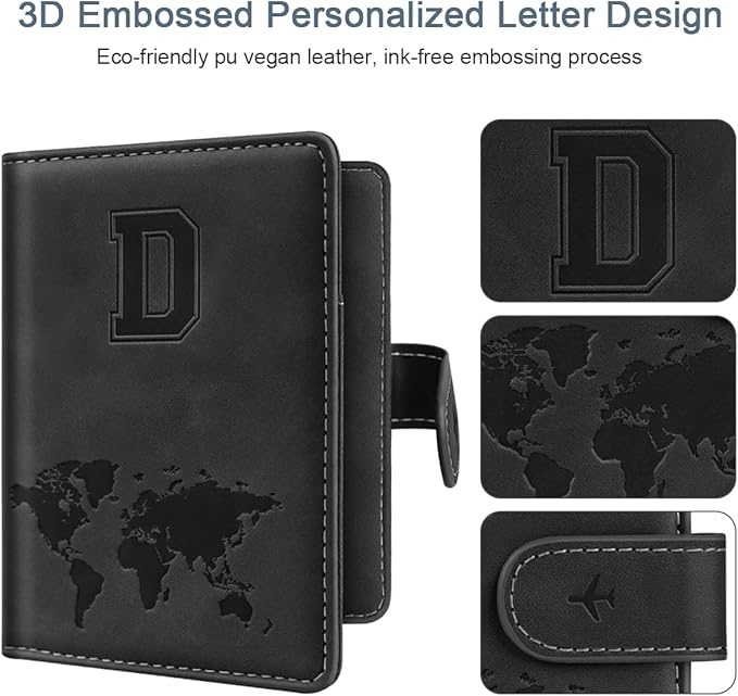 Passport Holder Wallet Cover Personalized Letter A-Z Travel Wallet RFID Blocking Passport Cover Wallet Case for Travel Passport Book Holders for Women and Men, Black-D