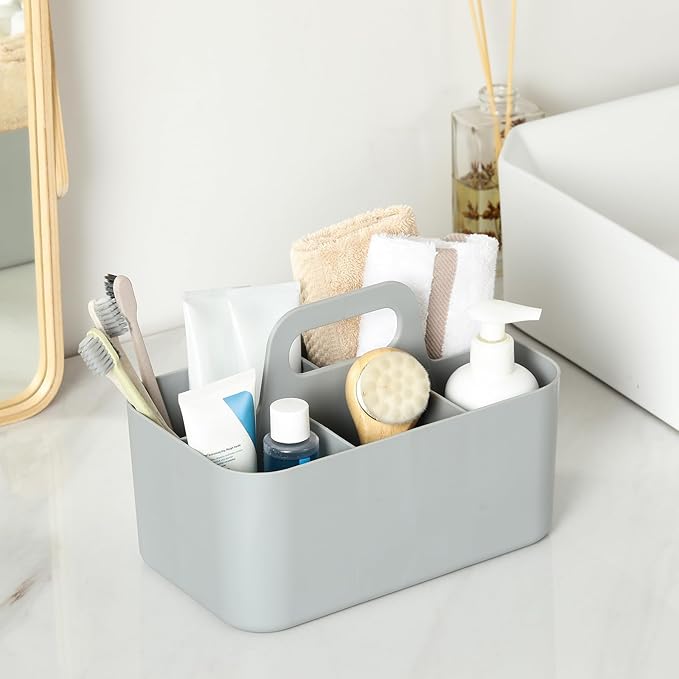 Multiuse Caddy Organizer with Handle, Portable Divided Plastic Tote Bin - Art Craft, Stationary Pen Marker Crayons, Makeup Hair Supplies Storage - Bathroom, Classroom, Dorm, Office, Desk Holder - Grey