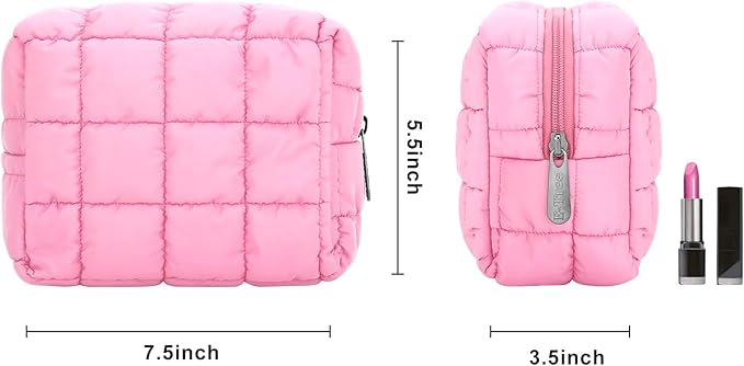 E-Tree Cute Makeup Bag,Quilted Cosmetic Bag for Women,Make up Pouch for Purse,Toiletry Zipper Pouch,Checkered Bag,Travel Case,Storage Pouches for Organization (Pink)
