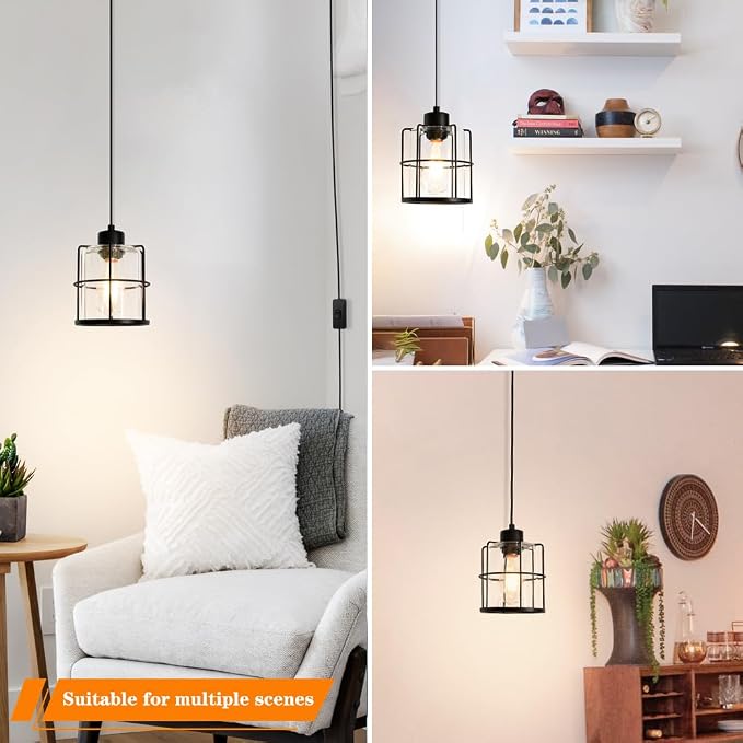 Black Plug In Pendant Light For Ceiling, Hanging Light Fixture With 16.4ft Plug In Cord, Adjustable Cage Plug In Hanging Lamp With Clear Glass Shade, Small Swag Light Fixture For Bedroom