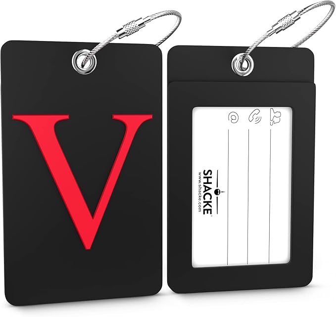 Shacke Luggage Tag Initial - Fully Bendable Tag w/Stainless Steel Loop - Black (Letter V)