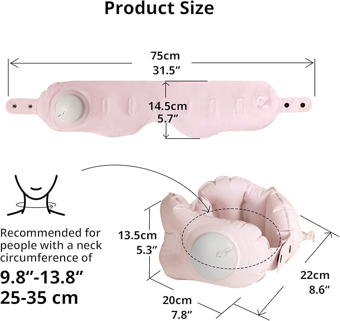 Ultralight Inflatable Travel Neck Pillow Press to Inflate Leak-Proof Design Compressible Adjustable Neck Support for Airplane Camping Driving Sleeping Business Trip Long Flights (Pink, Medium)