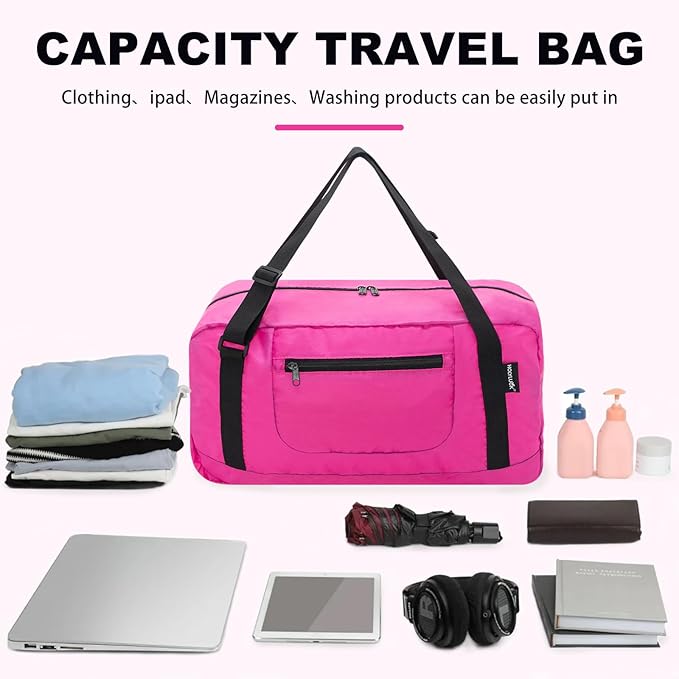 HOLYLUCK Foldable Travel Duffel Bag For Women & Men Luggage Great for Gym - Fuchsia