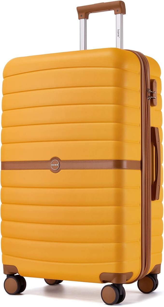Kono Expandable 28 Inch Luggage with Spinner Wheels, Large Checked Luggage with TSA Lock, Lightweight & Anti-Scratch PC+ABS Hardshell Travel Suitcase, Yellow/Brown