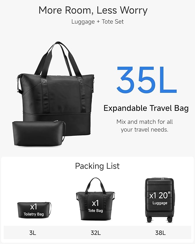 Carry On Luggage 22x14x9 Airline Approved, 20" Hardside Suitcase with Front Pocket for Laptop, Lightweight Spinner Luggage with TSA Lock & Matching Tote Bag (3 Piece Sets, Black)