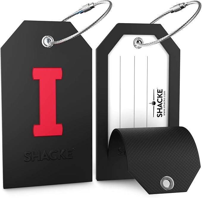 Shacke Initial Luggage Tag with Full Privacy Cover and Stainless Steel Loop - Black (Letter I)