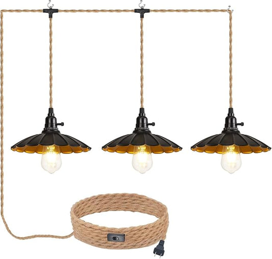 3-Light Plug in Pendant Light Fixtures Chandelier | Switch 22FT Industrial Ceiling Hanging Lamp Cord Farmhouse Cable DIY Including DIY Lotus lampshade