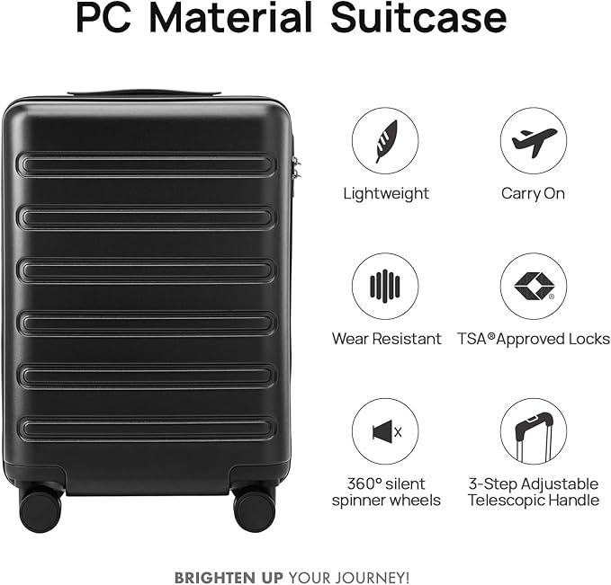 NINETYGO Carry On Luggage 22x14x9 Airline Approved, 20 Inch Luggage with Smooth Double Spinner Wheels, Hard Shell PC+ABS Suitcase Carry-On, Lightweight Travel Luggage, TSA Approved (Black, Andes)
