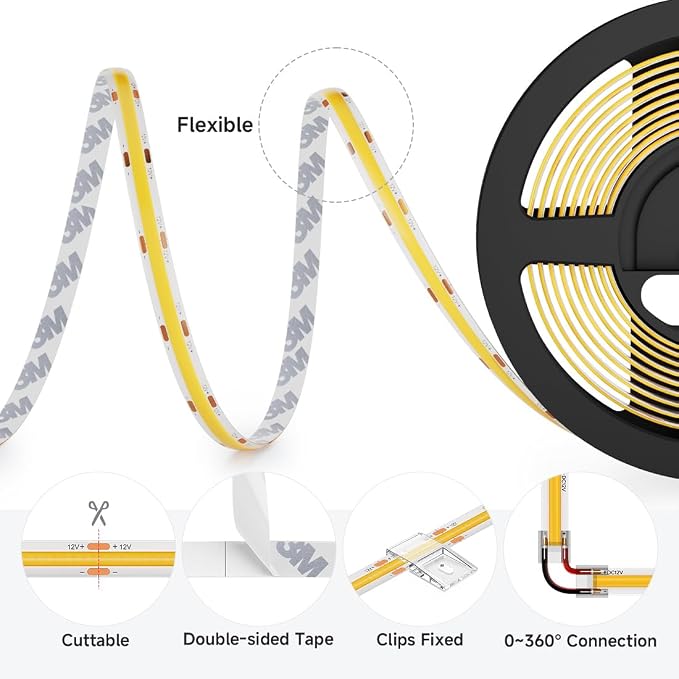 BTF-LIGHTING FCOB COB LED Strip Warm White 3000K IP65, UL Listed 480LED/m High Density Uniform Light, 16.4FT DC12V CRI90+ 8mm Width Tape Light for Home Indoor DIY Lighting(No Adapter & Controller)