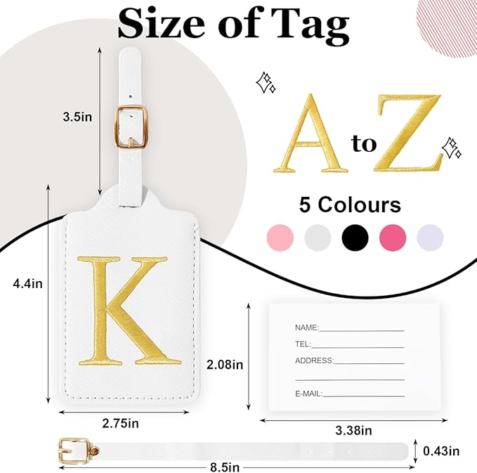 Personalized Initial Luggage Tags for Suitcases,Leather Letter Cute Luggage Tags with Privacy Name Card,Embroidered Monogrammed Travel Bag Backpack Tag Gifts for Women Kids Girls Teens(White-K)
