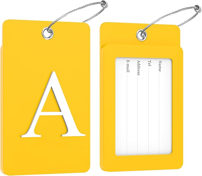 Gostwo 2 Pack Luggage Tags for Suitcases, 26 Initial Letter Travel Luggage Baggage Identification Labels ID Tag Fully Bendable Tags with Stainless Steel Loop (Yellow) (Letter A)