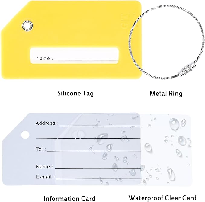 5 Pack Silicone Luggage Tag for Suitcases with Stainless Loop, TSA Approved, Privacy Protection Travel Essentials Bag Tags by Gostwo, Yellow