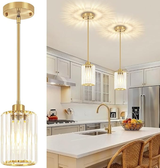 Brushed Brass Pendant Light Fixtures Over Island Modern Kitchen Lighting | 2 Pack Adjustable Hallway Ceiling Lights, Crystal Hanging Pendant Lights for Dining Room Bathroom Entryway Above Sink