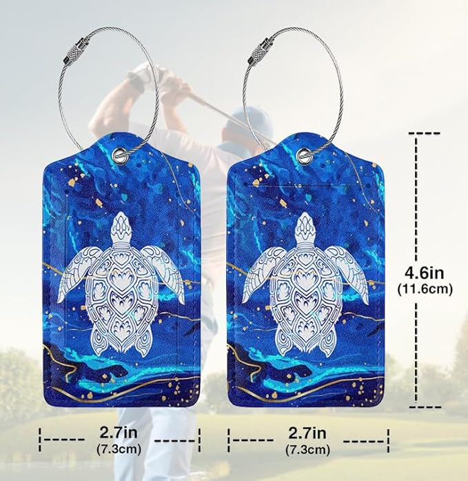 2 Pack Luggage Tag Blue sea Turtle Travel PU Cute Leather Luggage Tag Name ID Labels with Privacy Cover Suitcases Women Men Girls Boys Fun Laggage Tags (Blue sea Turtle)