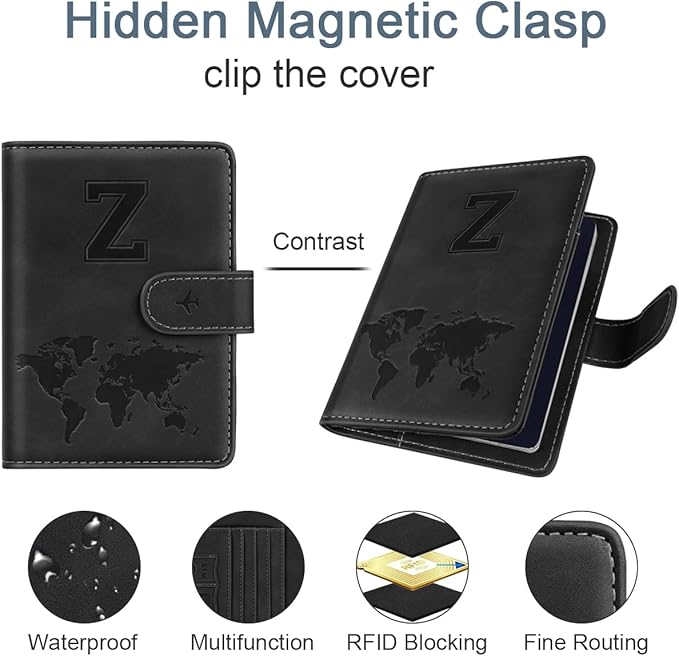 Passport Holder Cover Personalized Initial Letter A-Z Travel Wallet RFID Blocking Passport Cover Passport Book Holders for Women and Men,Black-Z