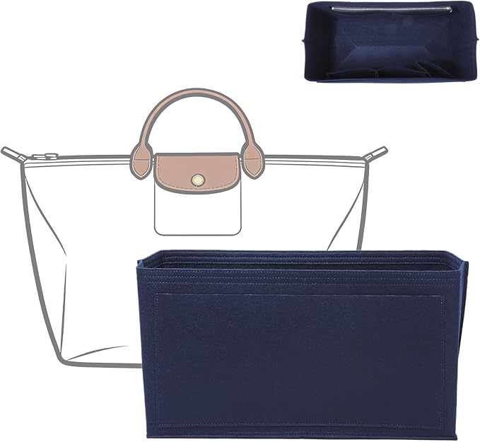 Doxo Felt Purse Organizer Insert for Longchamp Le Pliage L Travel Bag, Longchamp Orgainzer Insert Large with 9 Compartments and Zipper Water Bottle Holder, Fits Long Champ Large Bag (LT, Navy)