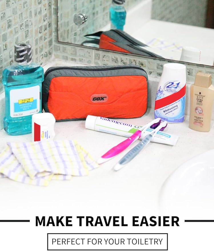 GOX Travel Small Toiletry Bag for Men Nylon Dopp Kit Medicine Bag Travel Organizer Pouch Shave Kits for Teens Toiletry Essentials Bathroom Compact (Orange, 7.9 * 3.7 * 2 Inches)