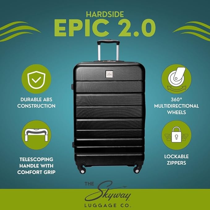 Skyway Epic 2.0 Hardside 4-Wheel Spinner, Lightweight Suitcase, Unisex, Stylish, Men and Women, 24-inch Medium Check-In, Black