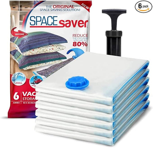 6 Pack Jumbo Vacuum Storage Bags for Comforters, Blankets & Clothes – Vacuum Sealed Compression Bags with Hand Pump – Space Saver Storage Bags for Bedding, Moving, Travel & Organization