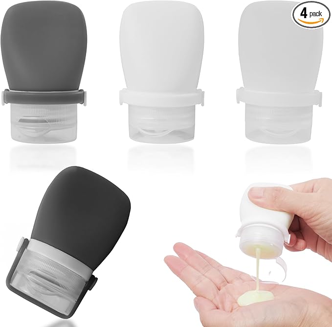 1oz Silicone Travel Bottles for Toiletries (4-Pack), TSA Approved Leakproof Toiletry Bottles with Locking Lid, Refillable Travel Size Containers for Shampoo, Body Wash, Camping & Trips (Grey White)