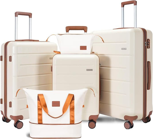 5 Piece 20" 24" 28" ABS Hardside Luggage Set, Lightweight Suitcase with TSA Lock & Smooth Spinner Wheels for Weekend and Air Travel (20/24/28/DB/TB Beige)