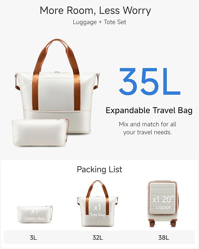 Carry On Luggage 22x14x9 Airline Approved, 20" Hardside Suitcase with Front Pocket for Laptop, Lightweight Spinner Luggage with TSA Lock & Matching Tote Bag (3 Piece Sets, White)