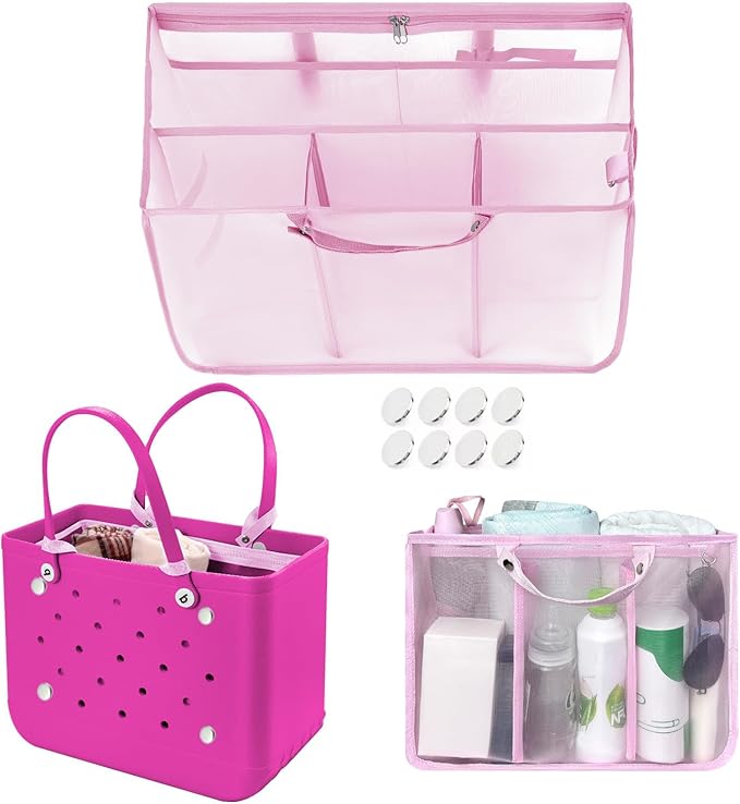 XYFuuee Beach Bag Organizer Inserts for Baby Medium Bogg Bag Accessories with 8 Removable Metal Fasteners, Lightweight Mesh Insert Divider Pouch, Organizing Rubber Tote, Save Storage Space, Pink M