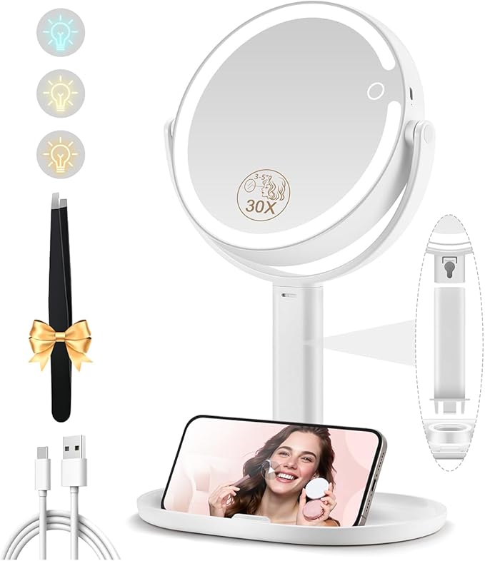MOMOKUBA Makeup Mirror with Lights, Double Sided 1x/30x Magnifying Mirror with Light, Rechargeable 3 Color Lights and Adjustable Brightness, 360° Rotation Detachable Comes with Tweezer(Ivory)