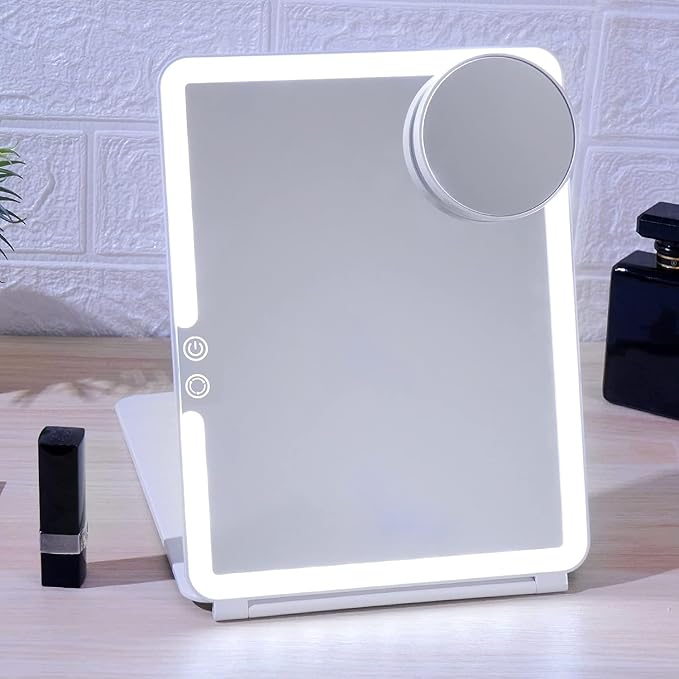 FUNTOUCH Rechargeable Large Travel Makeup Mirror with Lights, 2500mAh 10x7.5 Portable Lighted Makeup Mirror with 3 Color Lights, Dimming Folding Light Up Travel Mirrors with 10X Magnifying Mirror