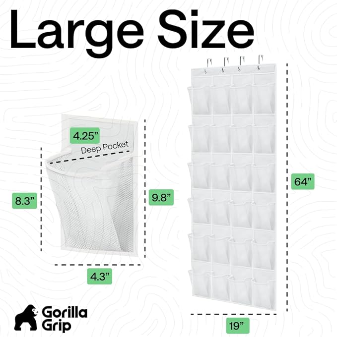 GORILLA GRIP Over the Door Shoe Organizer, 2 Pack, 24 Breathable Mesh Pockets, Space Saving Hanging Storage Holder, Closet Rack Hanger Holds Up to 40 lbs, Hangs on Closets, Shoes, Accessories, White