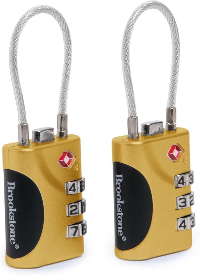 Brookstone Cable Lock - 2 Pack TSA-Approved 3-Digit Keyless Luggage Travel Lock - Resettable Combination Wire Padlock, Lemon Yellow