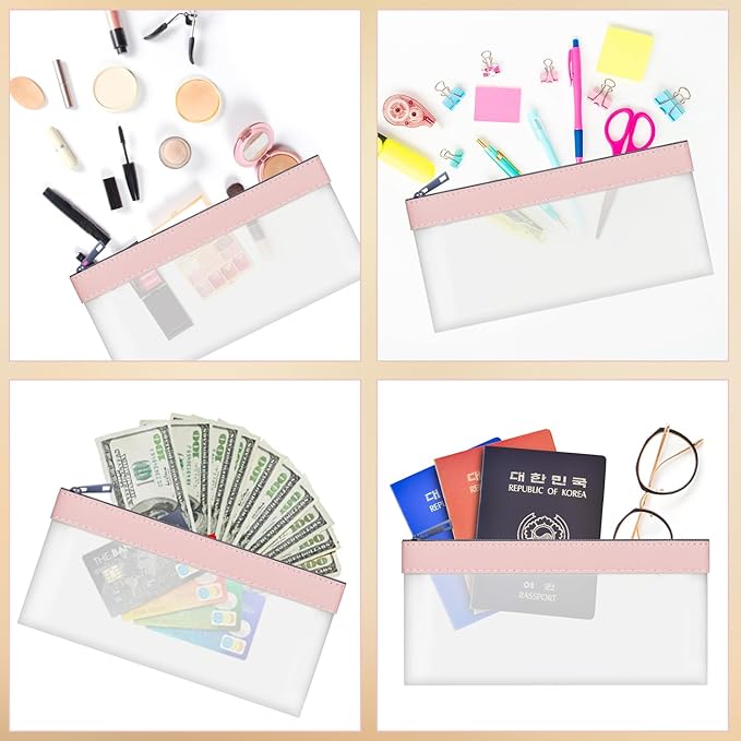 VOCHIC 4pcs Storage Bags with Zipper, Pink TPU Money Pouch, Clear Bank Deposit Bags, Waterproof Cash Bag for Collectors, Multi-Purpose Check Wallet (Pink, 7.6 x 3.7 inch, 4 Bags)