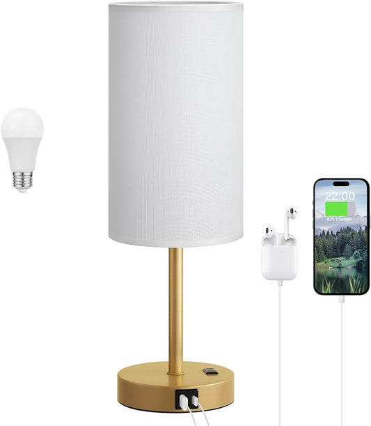 Dicoool 17.4" Bedside Lamp for Bedroom - Dimmable Touch, USB A+C, AC Outlet | LED Bulb Included, 3-Way Dimmable, 17.4" Table Lamp for Living Room, Dorm, White Fabric Lampshade, Gold Metal Base