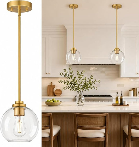 1 Pack Gold Globe Pendant Lights, Mid Century Gold Pendant Light Fixtures, Globe Pendant Lights Kitchen Island with Clear Glass Shade Adjustable Hanging Fixture for Dining Room (Bulbs not Included)