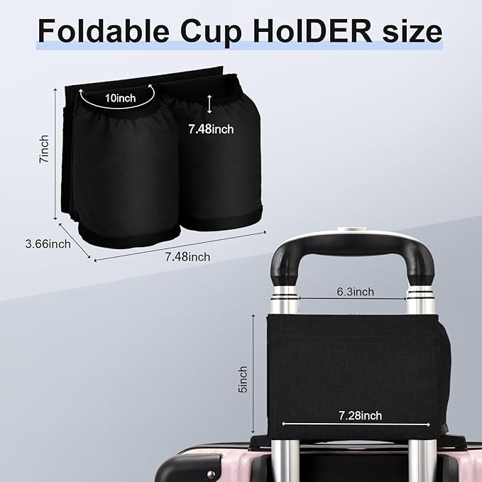 Luggage Travel Cup Holder for Suitcases Free Hands, Travel Accessories, Carry on Beverage Cup Holder Attachment, Luggage Cup Caddy Gifts for Flight Attendants, Business, Travelers, Black