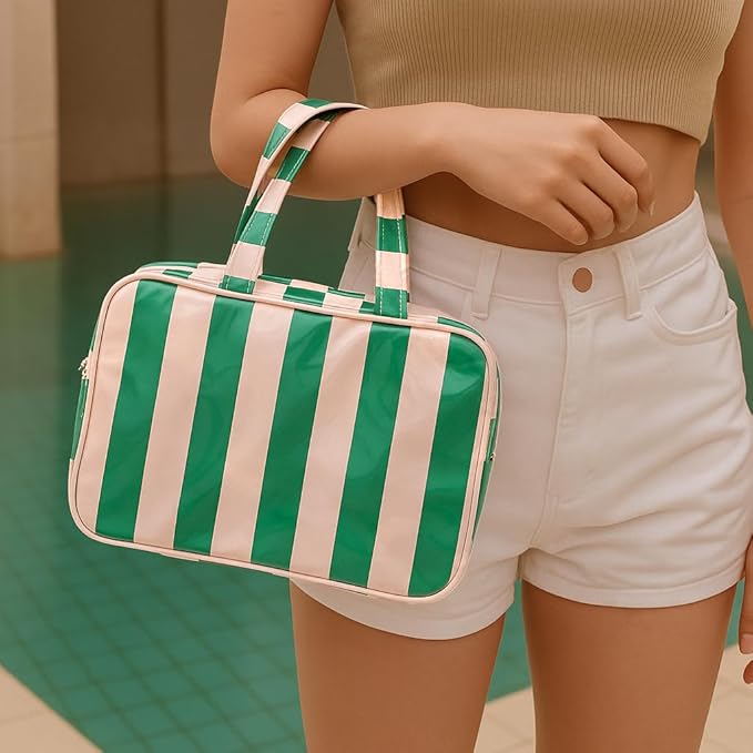 Travel Toiletry Bag for Women, Waterproof Clear Coated Portable Stripe Makeup Cosmetic Bag with Compartment, Travel Organizer for Shampoo, Conditioner, Brushes Set,Cosmetic Accessories(Pink-Green)