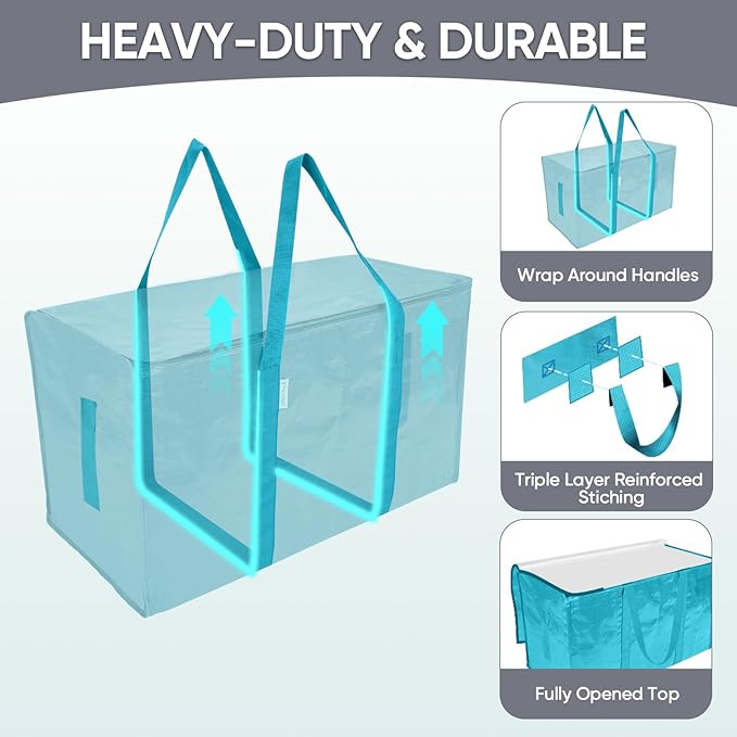 TICONN 4 Pack Extra Large Moving Bags Heavy Duty with Zippers & Carrying Handles, Durable Storage Bags Moving Boxes for Closet Organizers and Storage (4 Pack, Aqua)