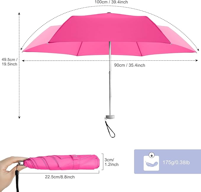 Lejorain Travel Mini Umbrella for Purse - Black Compact Durable Cool Teflon Light Weight Flat Backpacking Umbrella Portable Paraguas