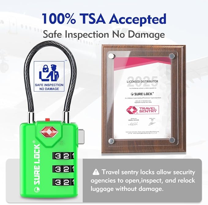 SURE LOCK TSA Approved Combination Luggage Locks with Open Alert Indicator – Durable Zinc Alloy Cable Travel Locks with Large Easy-Read Dials for Suitcases, Backpacks & Gym Bags（Green 4 Pack）