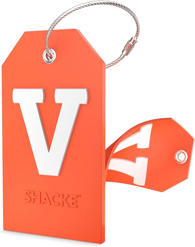 Shacke Initial Luggage Tag with Full Privacy Cover and Stainless Steel Loop – (Letter V)