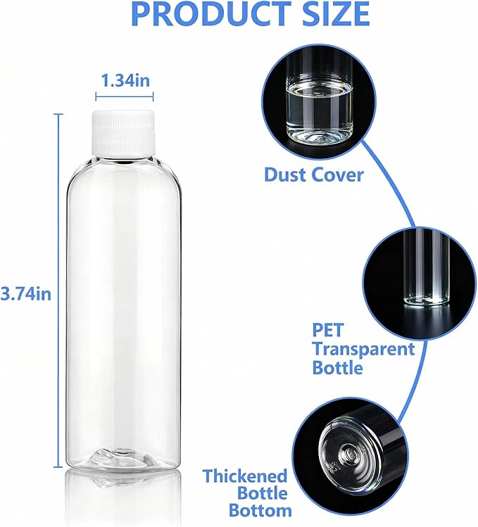 6 Pack 2 Oz (60ml) Clear Plastic Shot Bottles with caps - Small Bottles for Health, Immunity, Wellness, Samples - Perfect for Ginger Juice & Personal Care on the Go