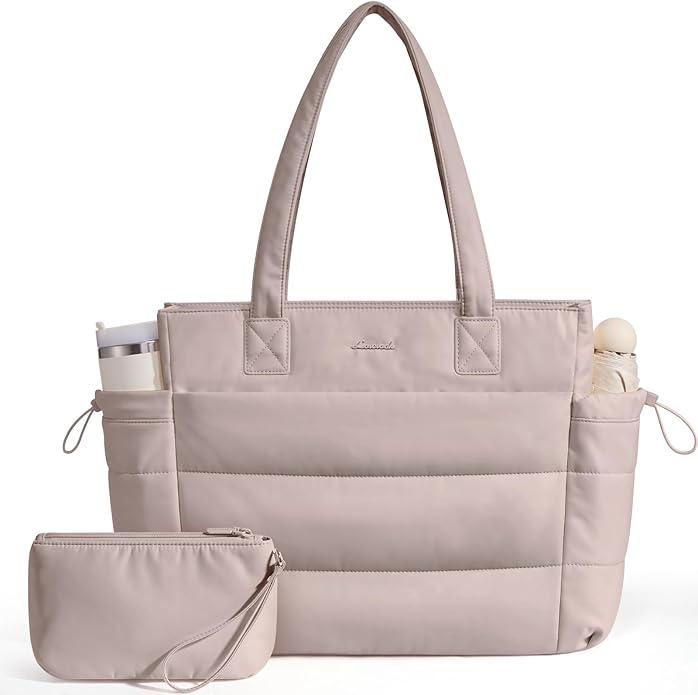 LOVEVOOK Tote Bag for Women with Giant Tumbler Holder Pocket, Puffer Work Travel Laptop Handbag with Zipper for Nurse Teacher