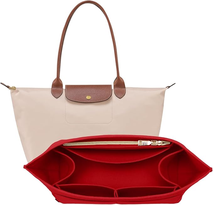 OPPOSHE Purse Organizer Insert for Longchamp Le Pliage, Premium Felt Long Champ Bag Handbag Women, Tote Organizer Insert with 9 Compartments (Medium, Red)