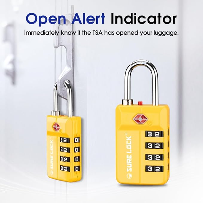 TSA Approved Travel Luggage Locks, Open Alert Combination Lock for School Office & Gym Locker ,Toolbox, Pelican Case,Easy Read Dials- 1, 2 & 4 Pack (1, Yellow 1 Pack)