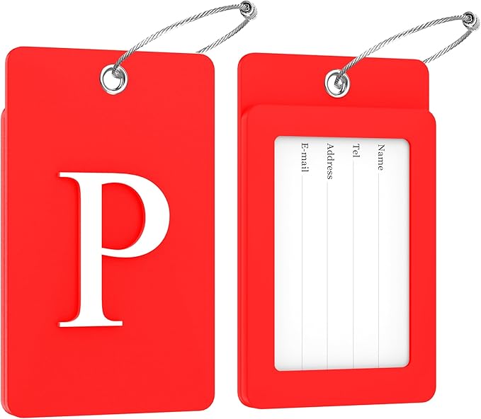 Gostwo 2 Pack Luggage Tags for Suitcases, 26 Initial Letter Travel Luggage Baggage Identification Labels ID Tag Fully Bendable Tags with Stainless Steel Loop (Red) (Letter P)