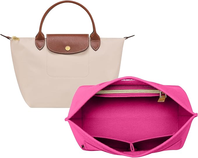 OPPOSHE Purse Organizer Insert for Longchamp Le Pliage, Premium Felt Long Champ Bag Handbag Women, Tote Organizer Insert with 6 Compartments (Small, Rosy)