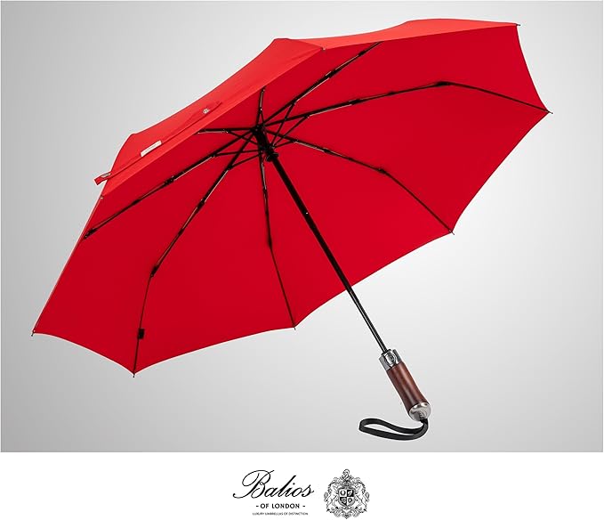 Balios (Designed in UK) Travel Umbrella Luxurious Golden Hardwood Handle Auto Open & Close Windproof Frame Single Canopy Automatic Folding Umbrella Men's & Ladies