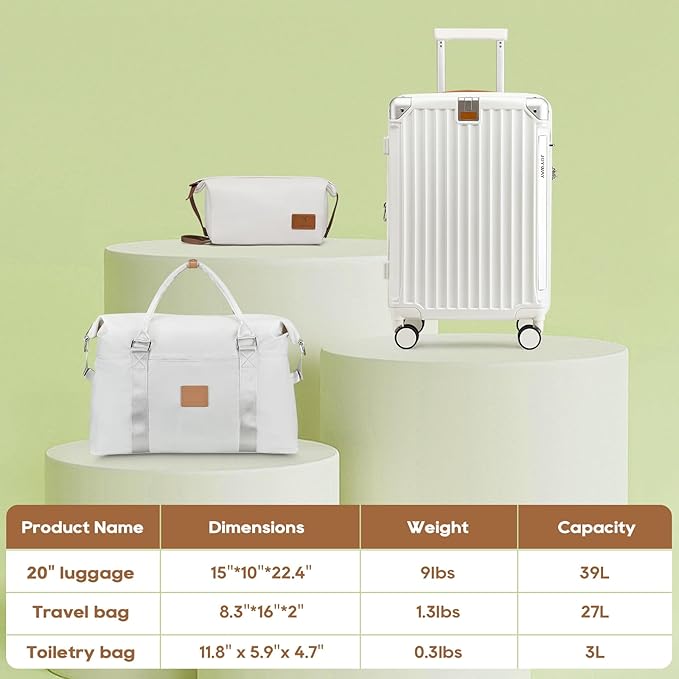 Joyway 20in Carry On Luggage with Cup Holder and USB Port, 25% Expandable Capacity, Smart Suitcase with Anti Slip Wheels and Handbag, Perfect for Men and Women 3 Piece Set White
